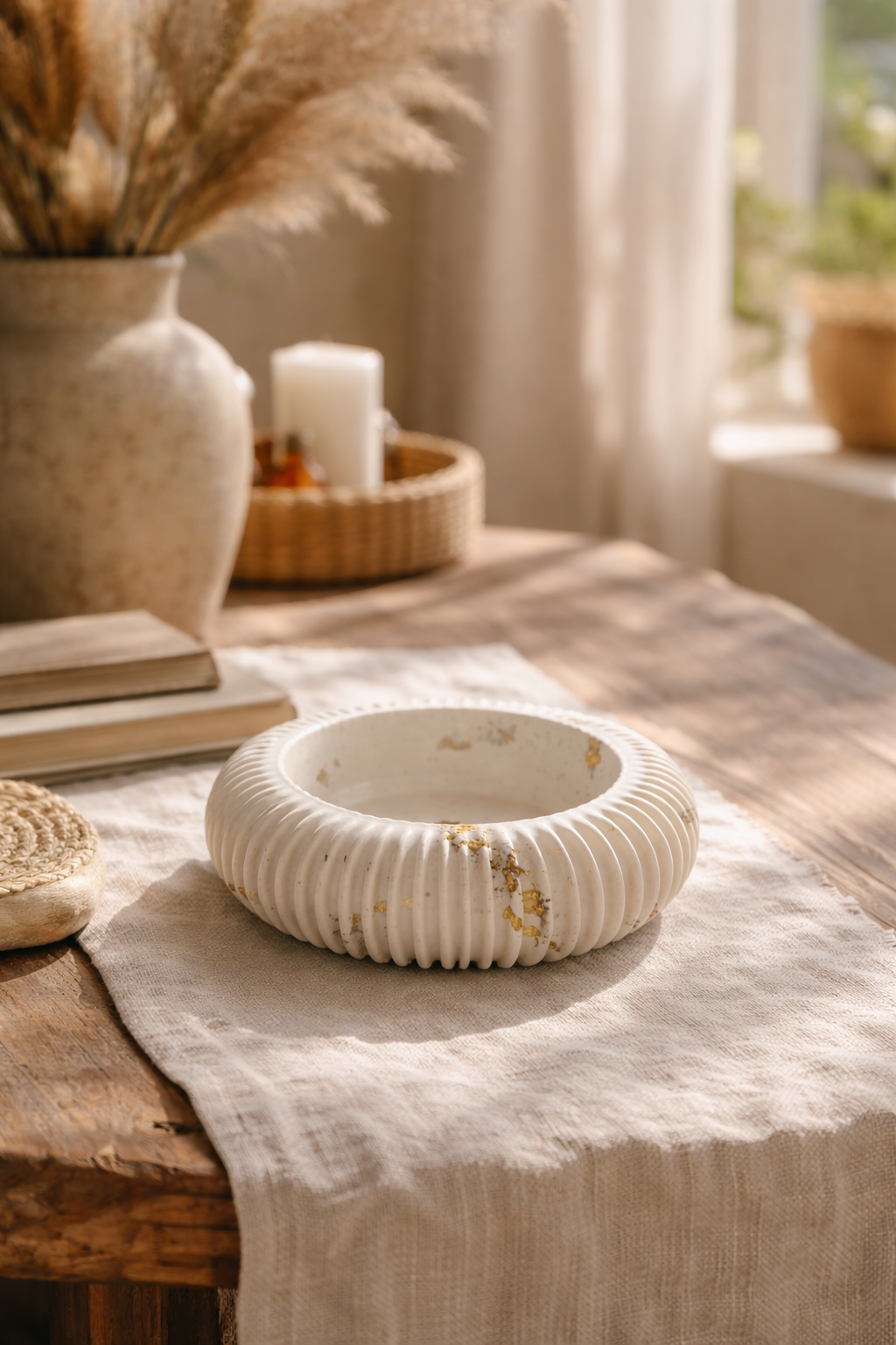 Ribbed Ceramic Bowl with Gold Accents
